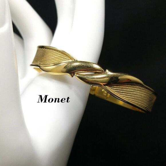 Vintage MONET Gold Plated Textured Hinged Cuff Style Bracelet, 6 1/2 Inches - Picture 1 of 11